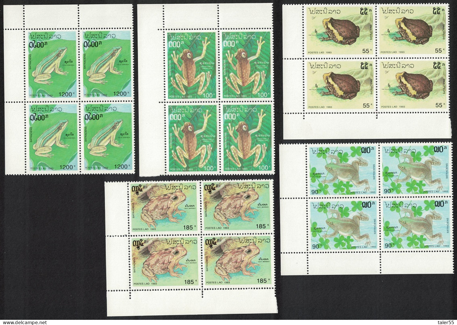 Laos Frog Toad Bullfrog Amphibians 5v Corner Blocks Of 4 1993 MNH SG#1334-1338 - Laos