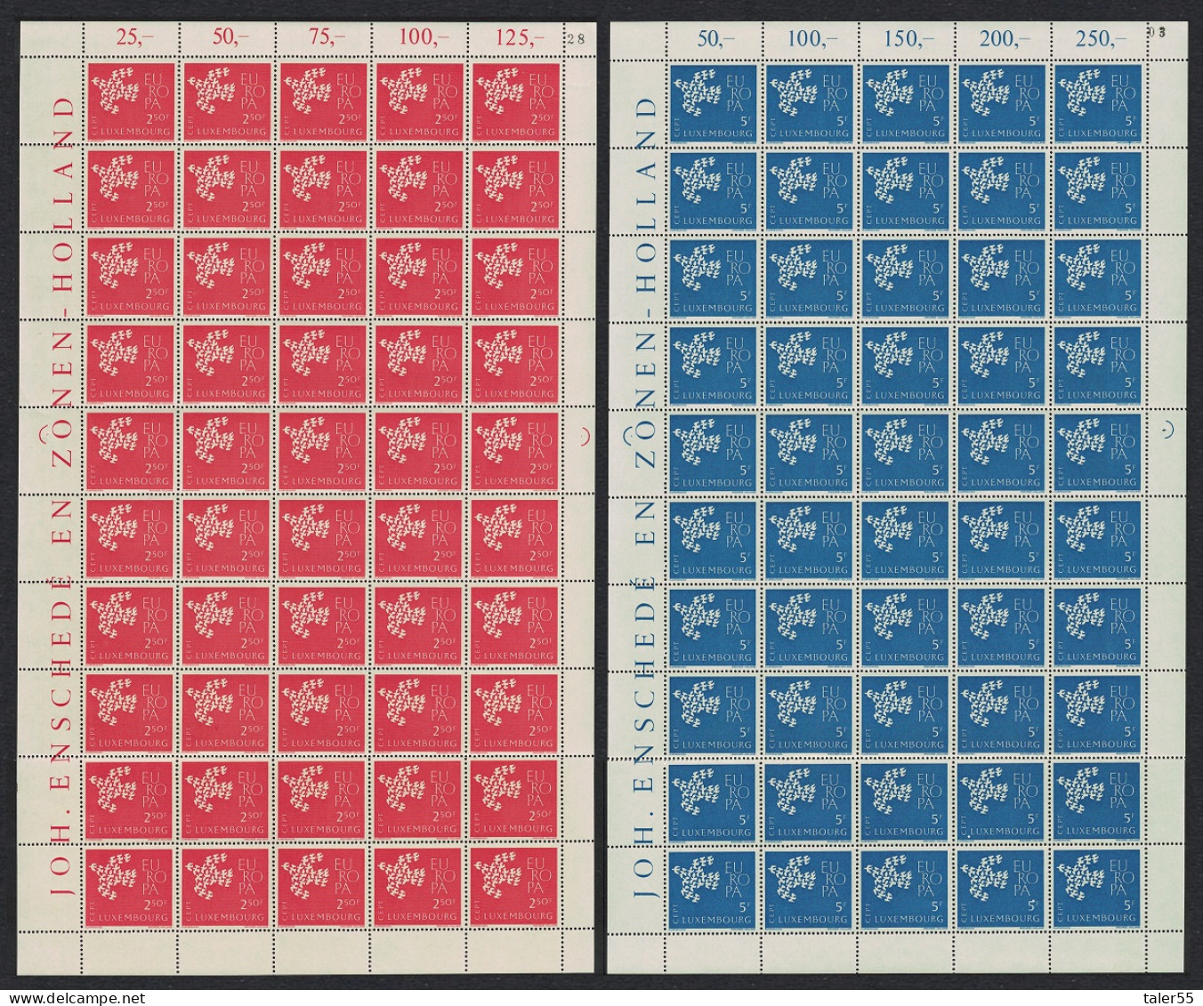 Luxembourg Birds Europa CEPT 2v Full Sheets 50 Sets 1961 MNH SG#697-698 Sc#382-383 - Unused Stamps