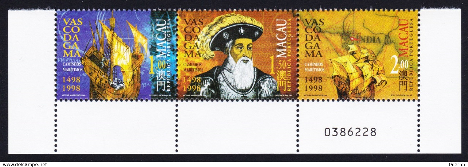 Macao Macau Vasco Da Gama 1498 Strip Of 3v Control Number 1998 MNH SG#1044-1046 Sc#943-946 - Ongebruikt
