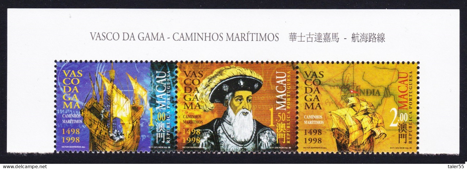 Macao Macau Vasco Da Gama 1498 Top Strip Of 3v 1998 MNH SG#1044-1046 Sc#943-946 - Nuevos