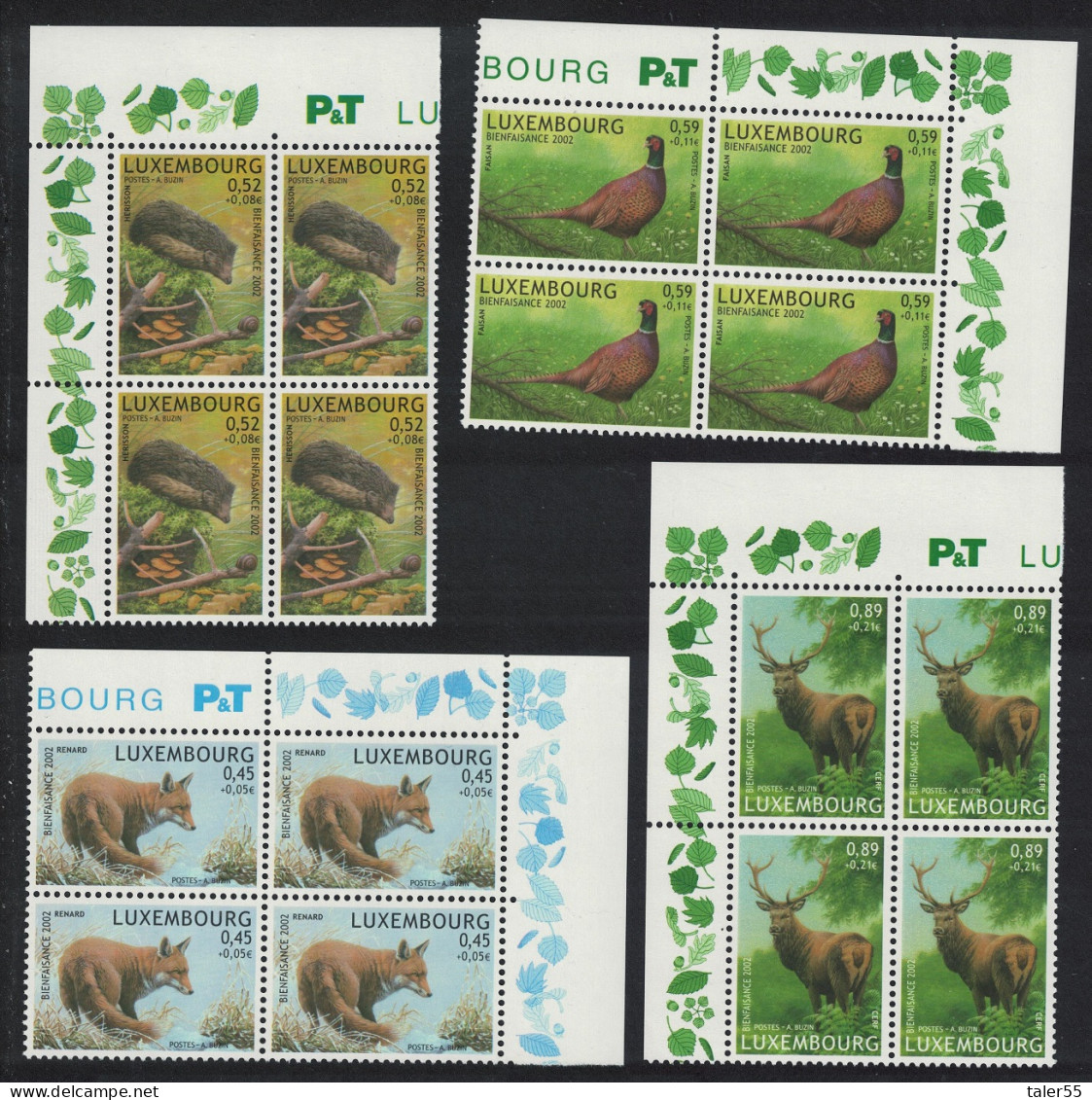 Luxembourg Pheasant Bird Fox Hedgehog Deer 4v Corner Blocks 2002 MNH SG#1632-1635 MI#1593-1596 - Ongebruikt