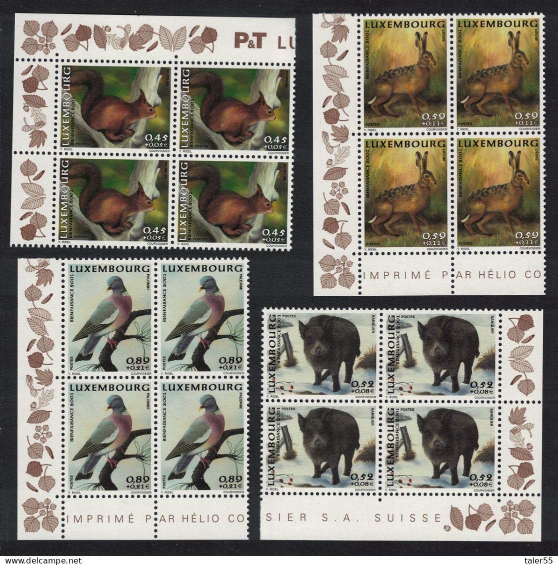 Luxembourg Squirrel Boar Hare Wood Pigeon Bird 4v Corner Blocks 2001 MNH SG#1601-1604 MI#1554-1557 - Neufs