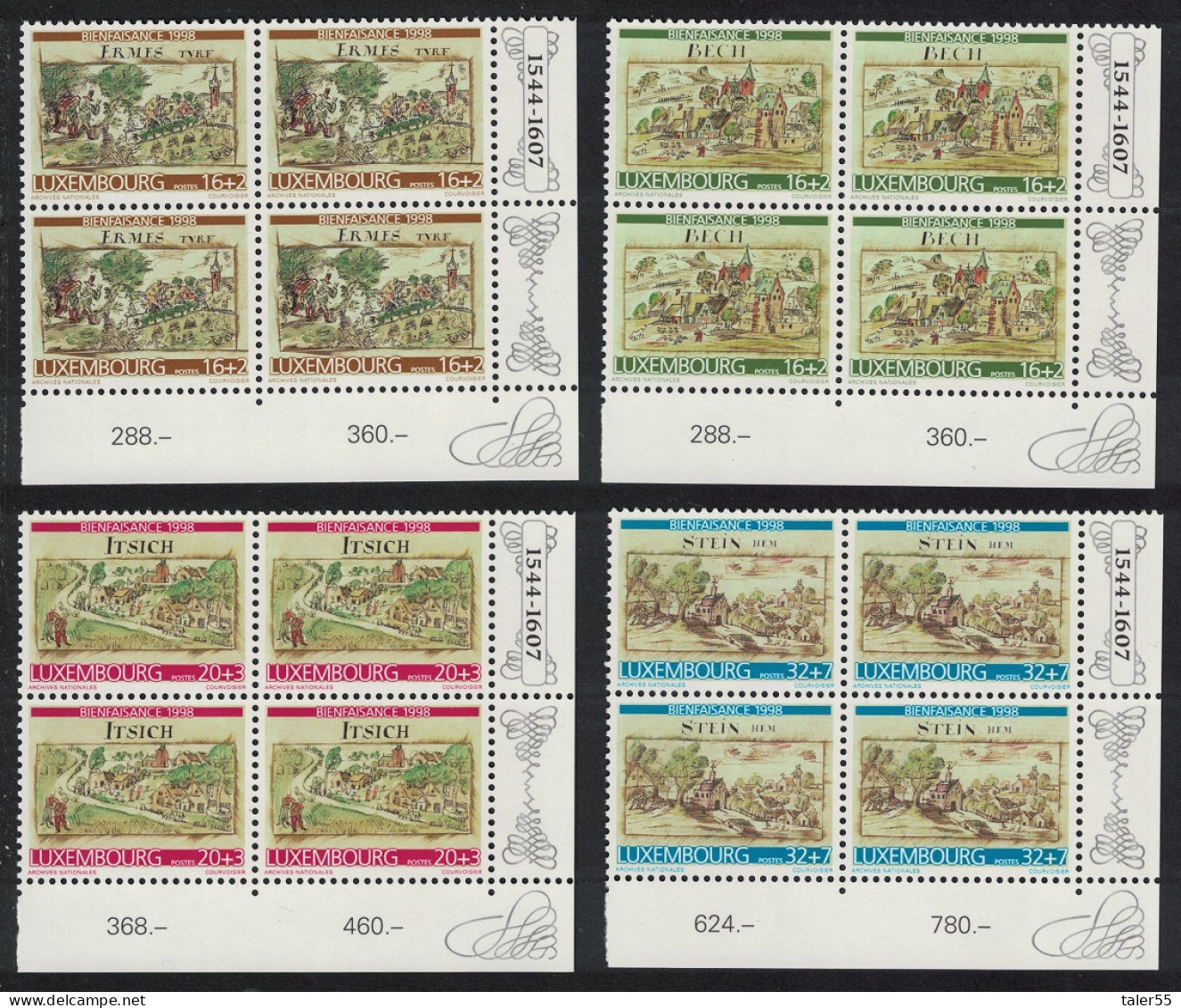 Luxembourg Villages 16th-century Drawings 4v Corner Blocks Of 4 1998 MNH SG#1486-1489 MI#1460-1463 - Nuevos