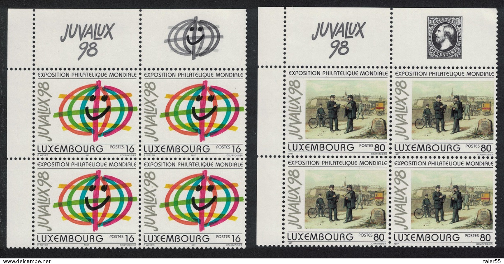 Luxembourg Juvalux 98 Postmen Painting 2v Corner Blocks Of 4 1997 MNH SG#1449-1450 MI#1423-1424 - Nuevos