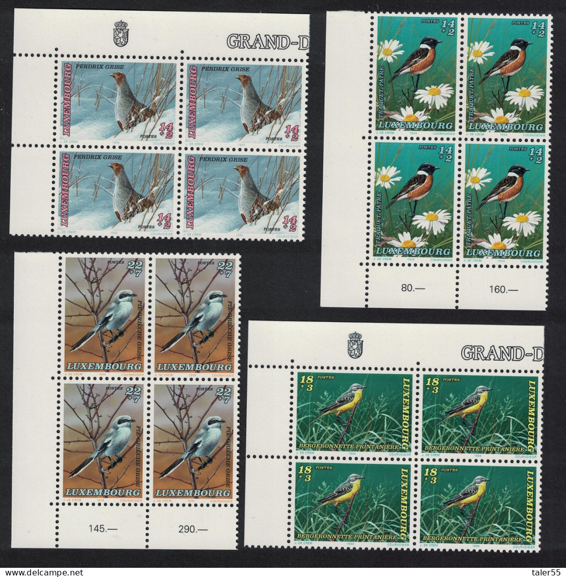 Luxembourg Stonecat Partridge Wagtail Shrike Birds 4v Corner Blocks Of 4 1994 MNH SG#1383-1386 MI#1353-1356 - Neufs