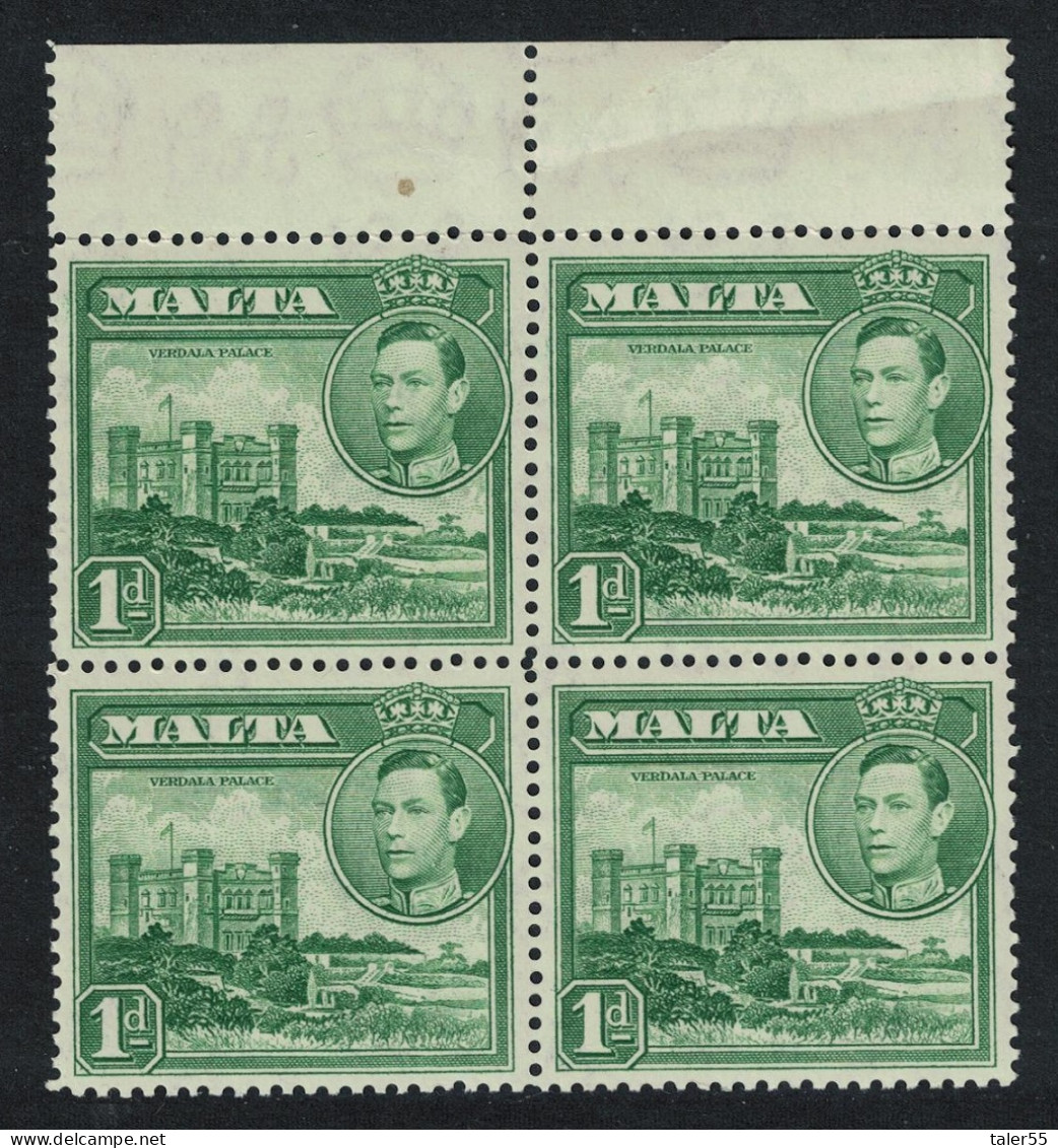 Malta Verdala Palace 1d Green Block Of 4 Margin 1943 MNH SG#219a - Malta (...-1964)