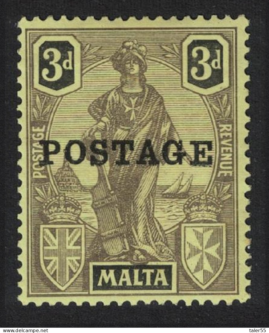 Malta 'POSTAGE' Overprint 3d. - Black On Yellow 1926 MNH SG#149 - Malte (...-1964)