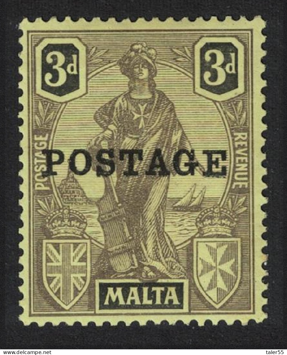 Malta 'POSTAGE' Overprint 3d. - Black On Yellow 1926 MNH SG#149 - Malta (...-1964)