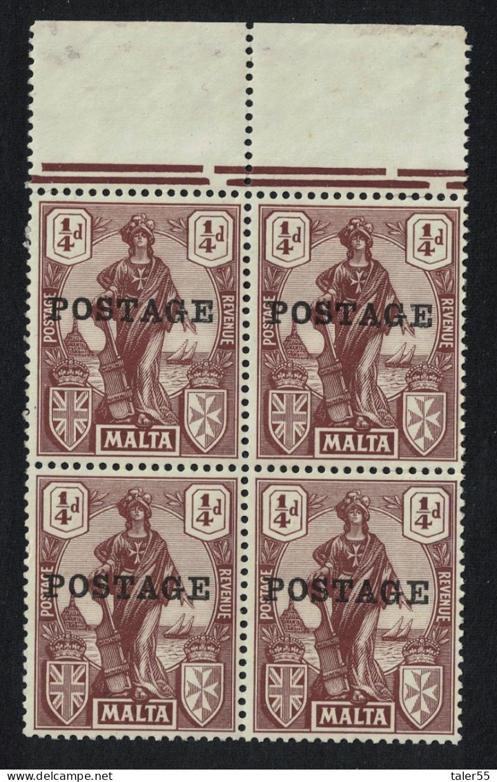 Malta Allegory 'POSTAGE' Overprint ¼d Brown Block Of 4 1922 MNH SG#143 - Malta (...-1964)