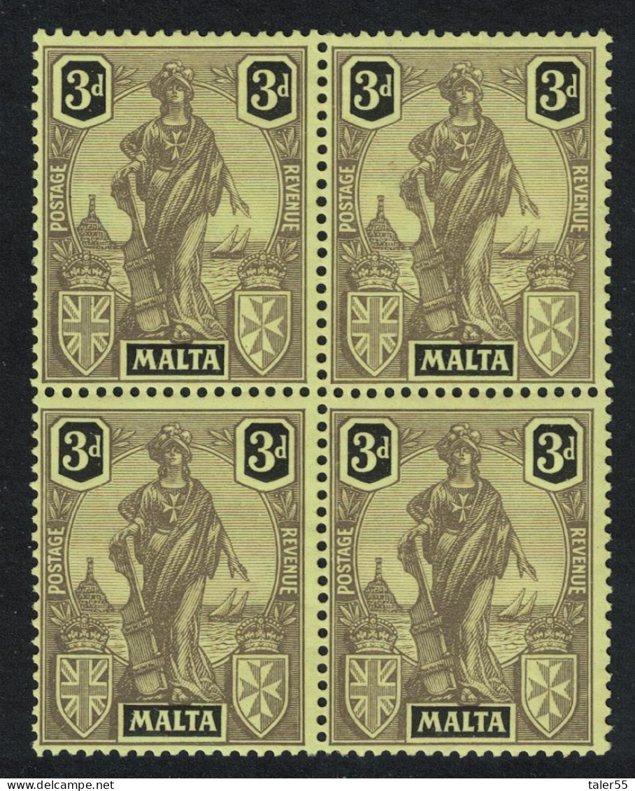 Malta Allegory 3d. - Black On Yellow Block Of 4 1922 MNH SG#131 - Malte (...-1964)