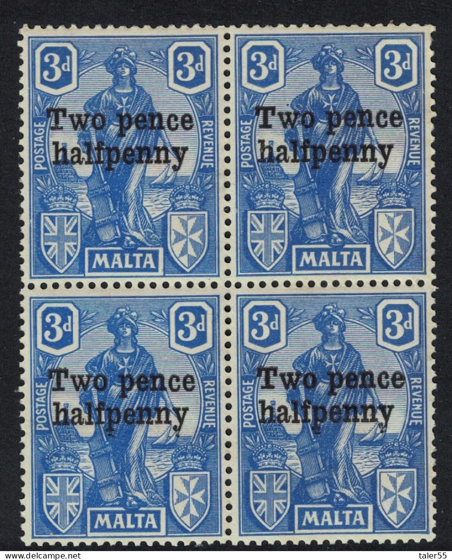 Malta Surcharge 'Two And Halfpenny' Block Of 4 1925 MNH SG#142 - Malta (...-1964)