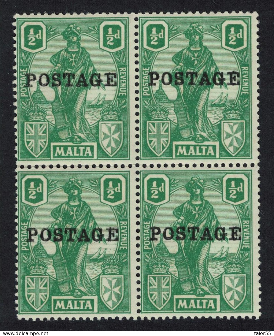 Malta Allegory ½d. - Green Block Of 4 1922 MNH SG#144 - Malta (...-1964)
