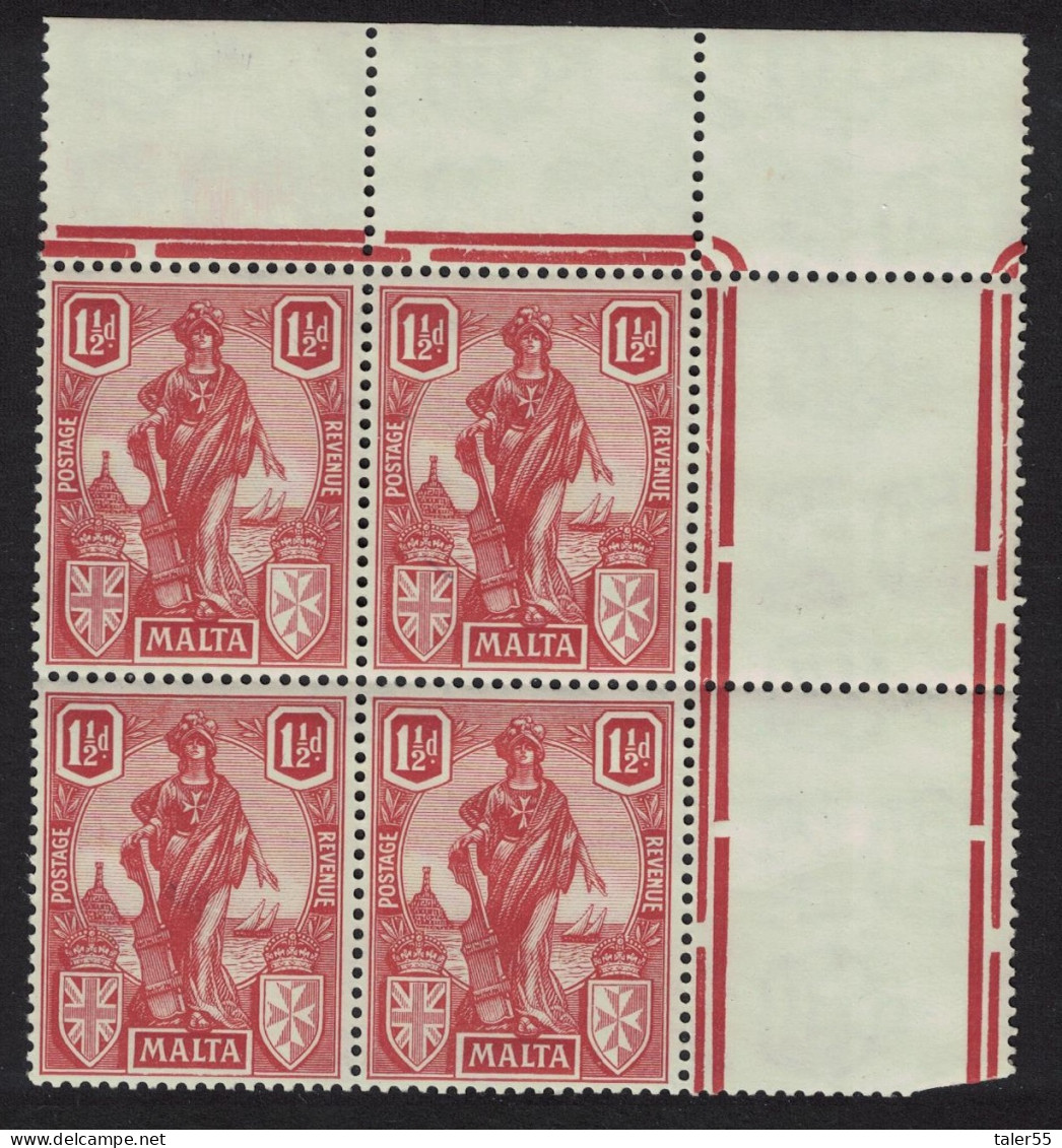Malta Allegory 1½d. - Red Corner Block Of 4 1922 MNH SG#127 - Malte (...-1964)