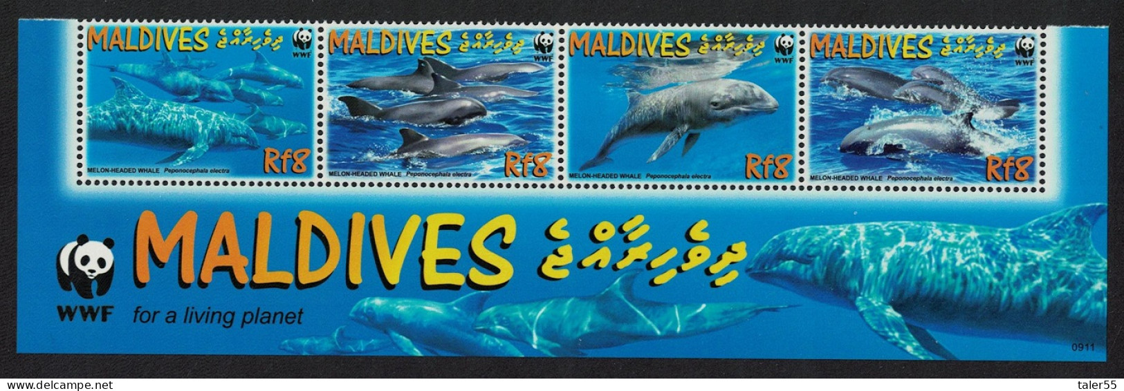 Maldives WWF Melon-headed Whale Bottom Strip Of 4v WWF Logo 2009 MNH SG#4234-4237 MI#4768-4771 Sc#2987a-d - Malediven (1965-...)