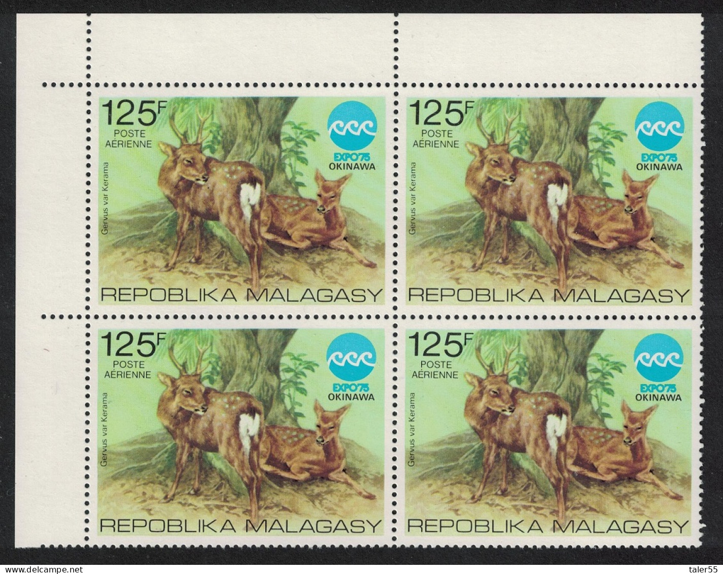 Malagasy Rep. Sika Deer Fauna Okinawa Expo Corner Block Of 4 1975 MNH SG#324 - Madagascar (1960-...)