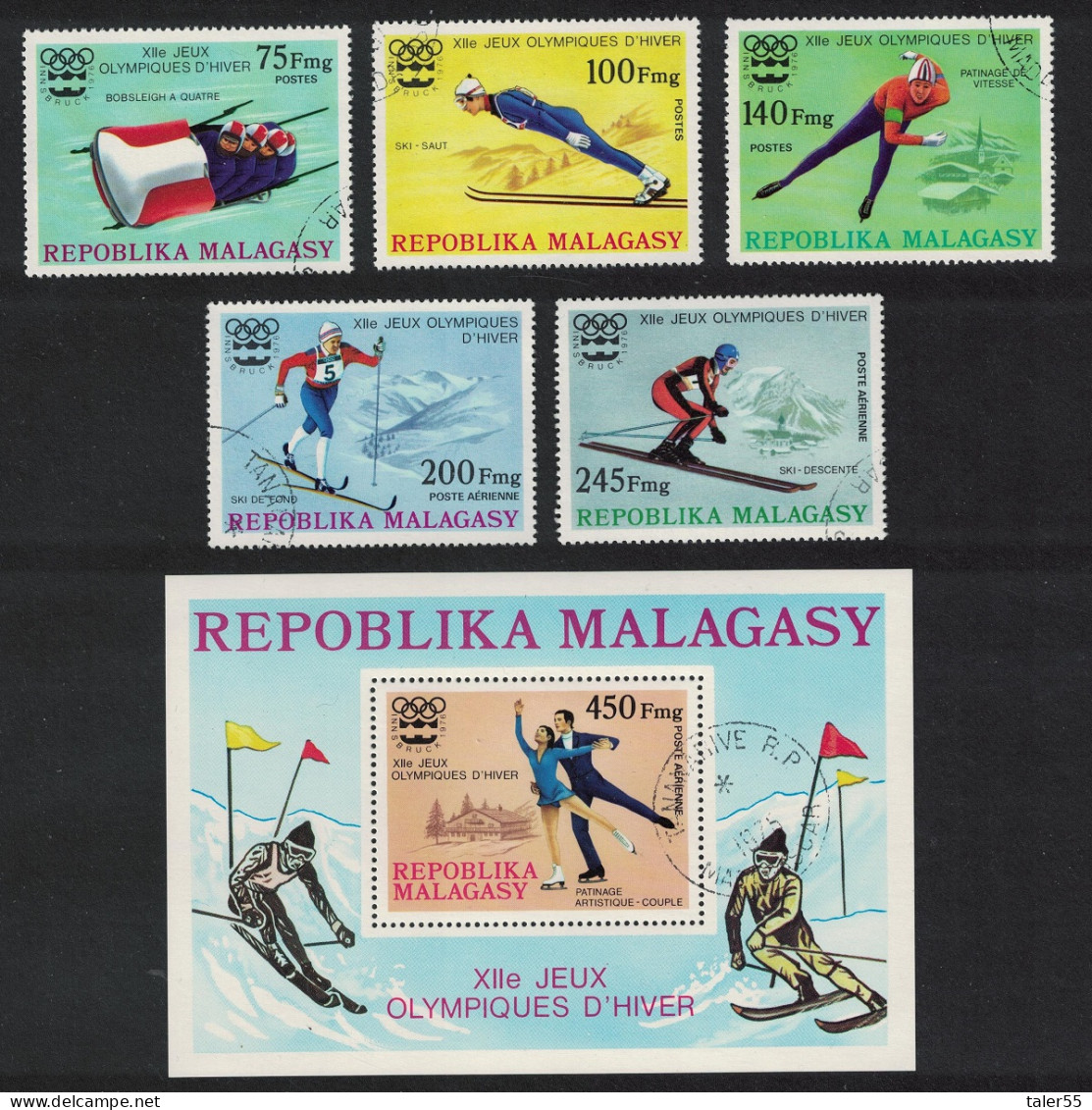 Malagasy Rep. Winter Olympic Games Innsbruck 5v+MS 1975 CTO SG#330-MS335 Sc#538-540+C149-C150 - Madagaskar (1960-...)