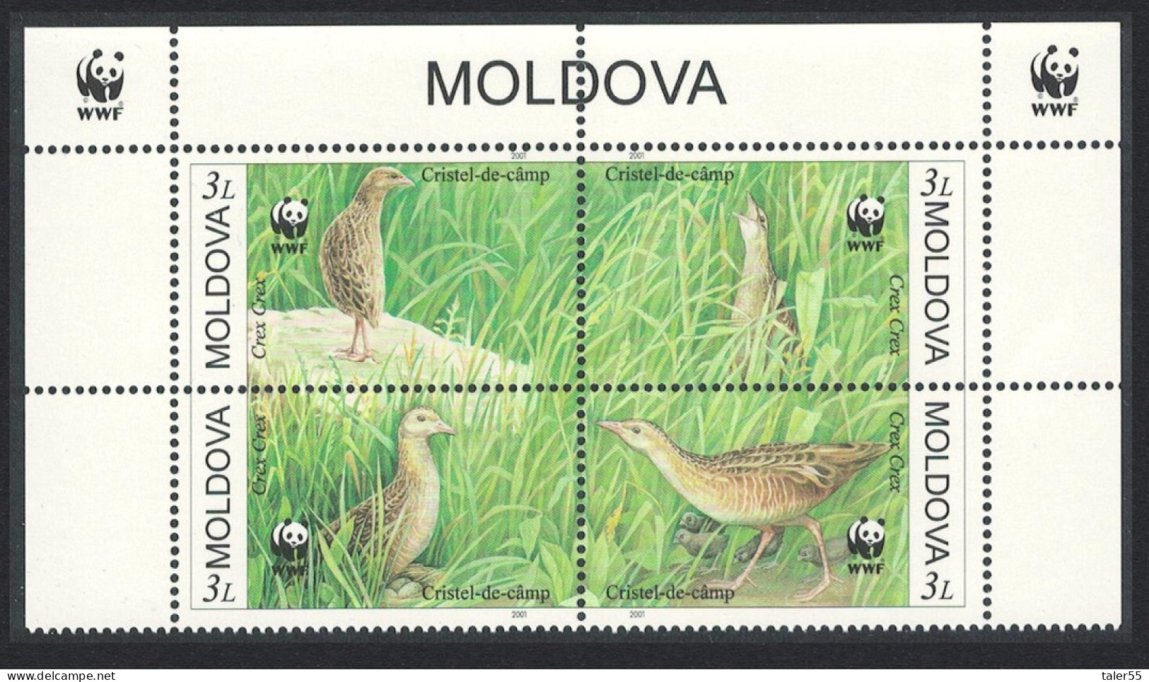 Moldova Endangered Species Corncrake Bird 4v Top Block Of 4 WWF Logo 2001 MNH SG#382-385 Sc#370 - Moldova