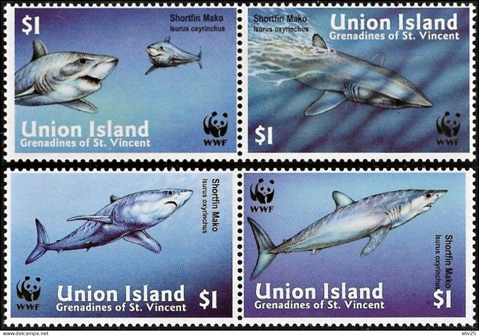 Union Island (Grenadines Of St. Vincent) 2002, WWF Shortfin Mako Shark - 4 V. MNH - Nuevos