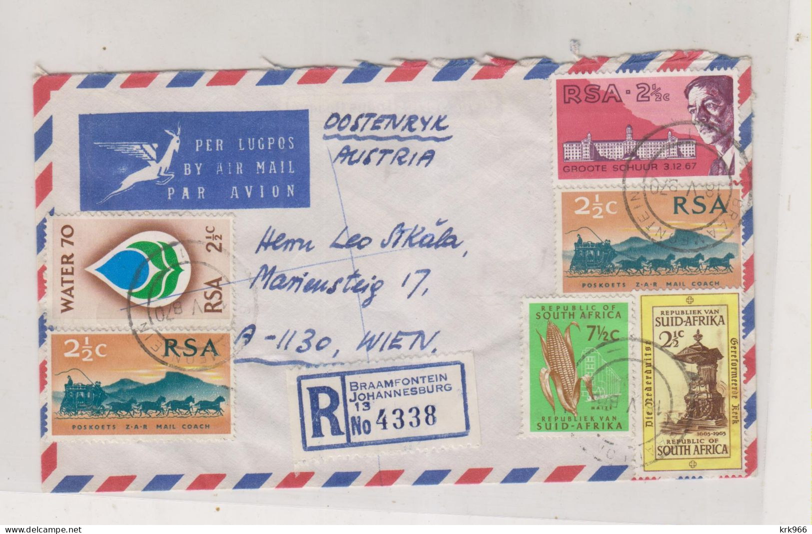 SOUTH AFRICA  BRAAMFONTEIN JOHANNESBURG  1970 Nice Registered Airmail Cover To Austria - Cartas & Documentos