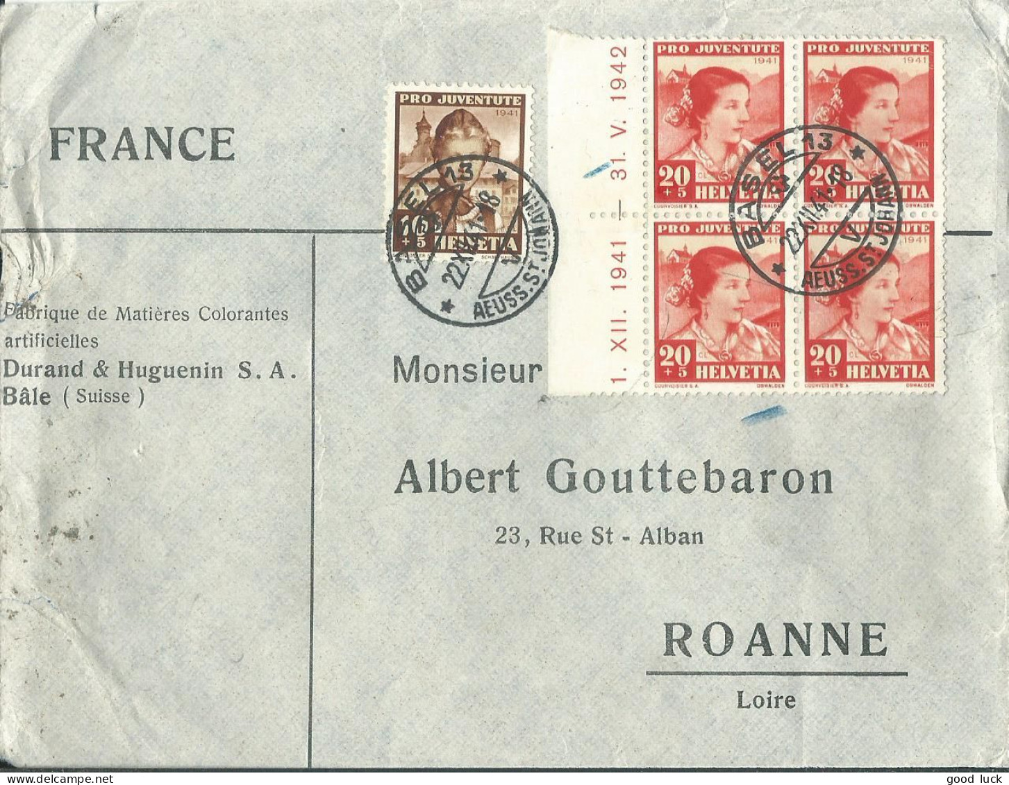 SUISSE LETTRE 90c+25c ( COIN DATE ) BASEL POUR ROANNE ( LOIRE ) DE 1941 LETTRE COVER - Lettres & Documents