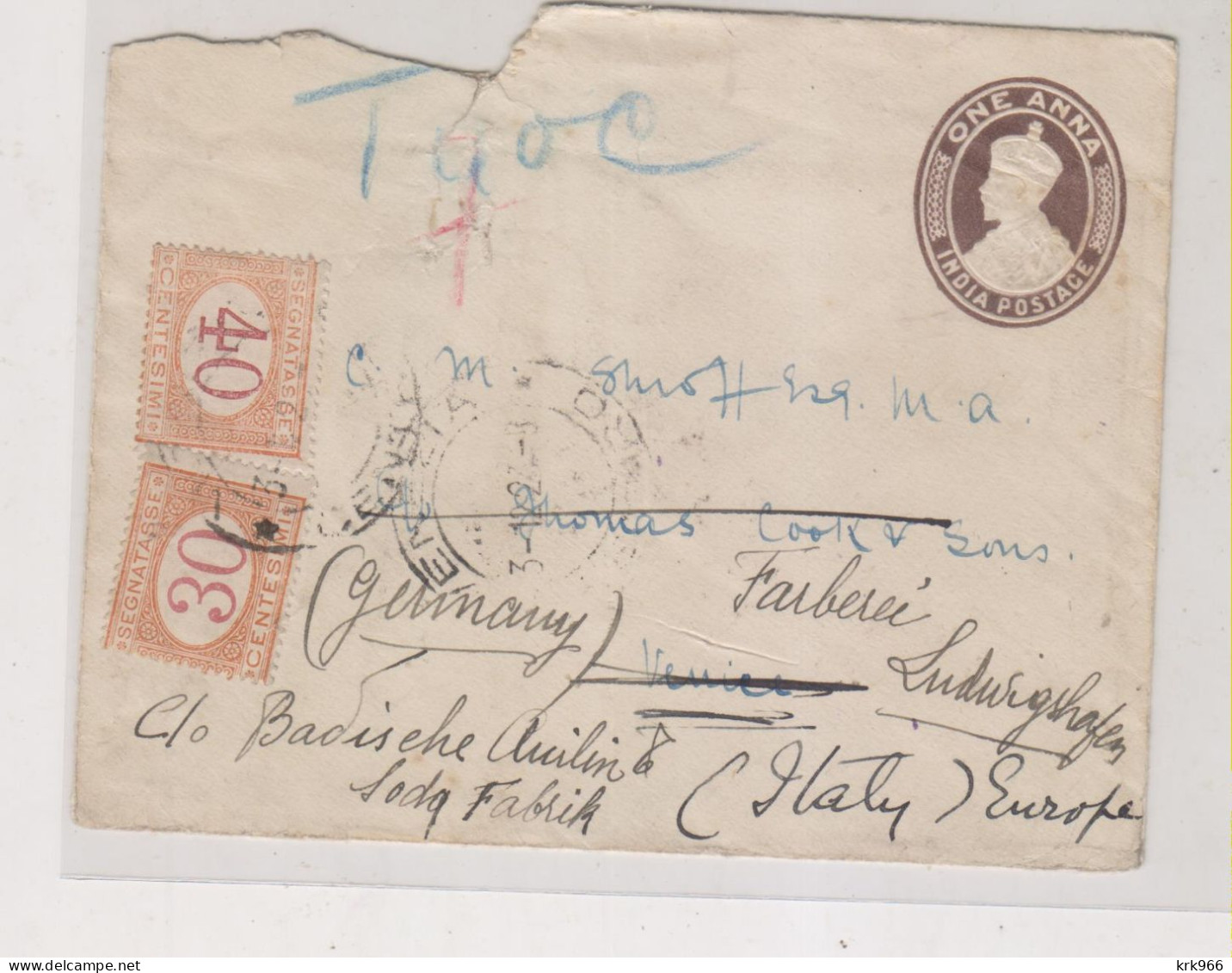 INDIA  1922 Postal Stationery To Italy Postage Due - 1911-35 Koning George V
