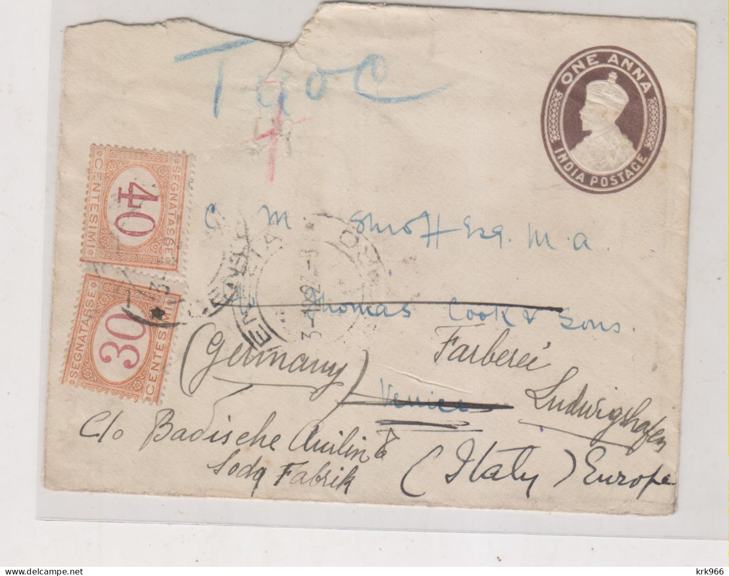 INDIA  1922 Postal Stationery To Italy Postage Due - 1911-35 King George V