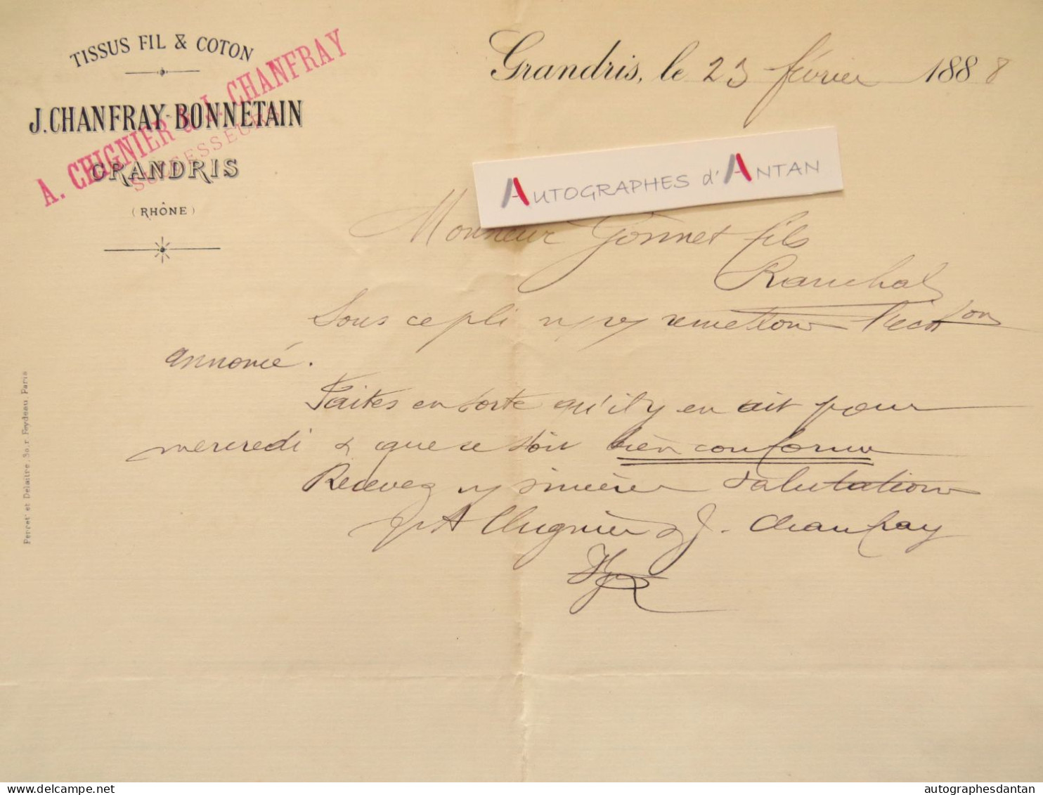 ● GRANDRIS 1888 - J. CHANFRAY BONNETAIN - Tissus Fil & Coton - Lettre Commerciale Gonnet Ranchal Rhône - Kleidung & Textil