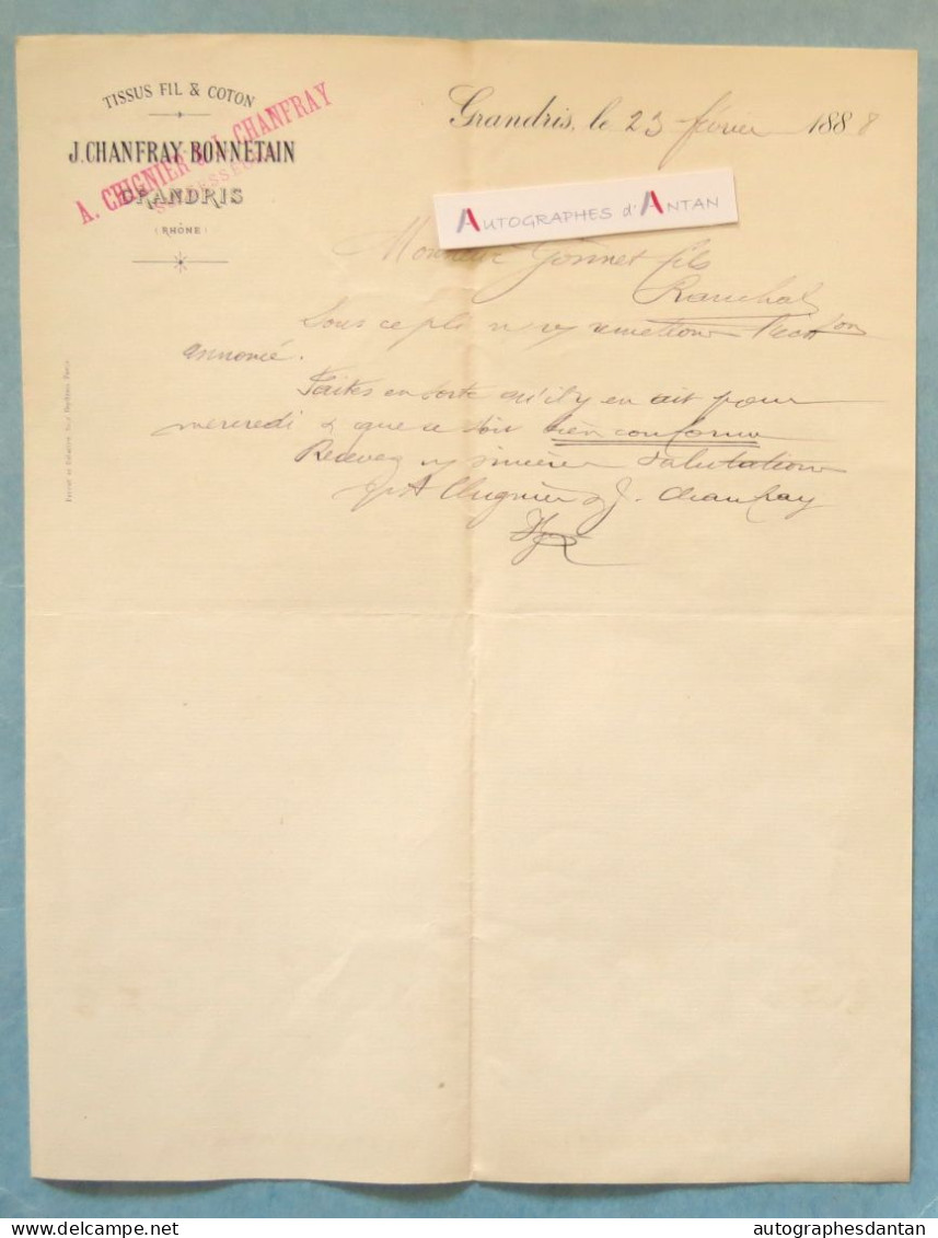 ● GRANDRIS 1888 - J. CHANFRAY BONNETAIN - Tissus Fil & Coton - Lettre Commerciale Gonnet Ranchal Rhône - Vestiario & Tessile