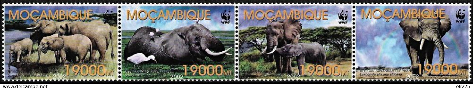 Mozambique 2002, WWF African Savanna Elephant - Strip Of 4 V. MNH - Elefantes