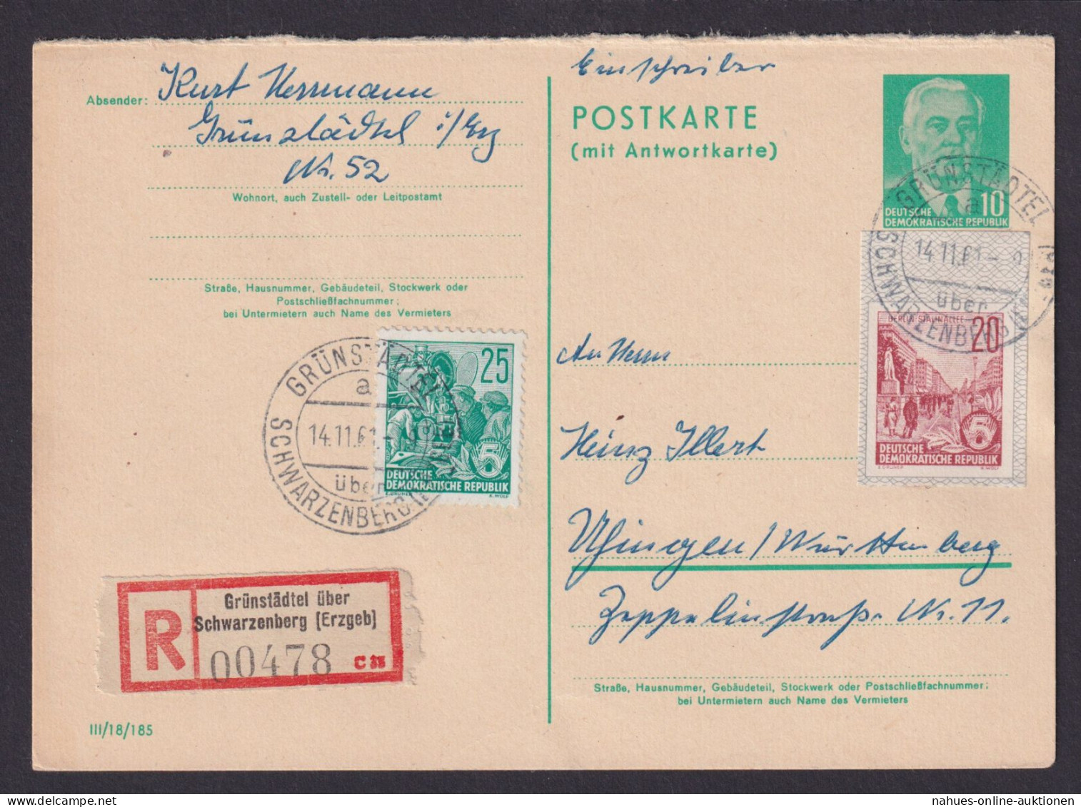 DDR R Ganzsache + GAA Ganzsachenausschnitt Landpsot Grünstädtel ü Schwarzenberg - Postcards - Used