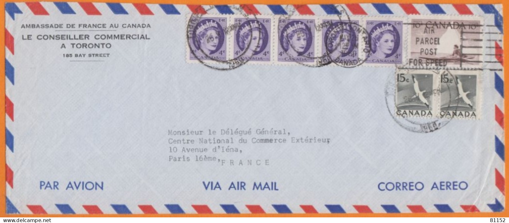 CANADA Lettre De L'Ambassade De FRANCE à TORONTO 1960 Avec 8 Timbres Dont Une Bande De 5 à 4c - Covers & Documents