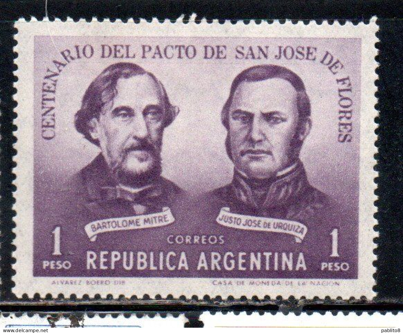 ARGENTINA 1959 TREATY OF SAN JOSE DE FLOERES CENTENARY BARTOLOME MITRE AND JUSTO JOSE DE URQUIZA 1p MLH - Ungebraucht