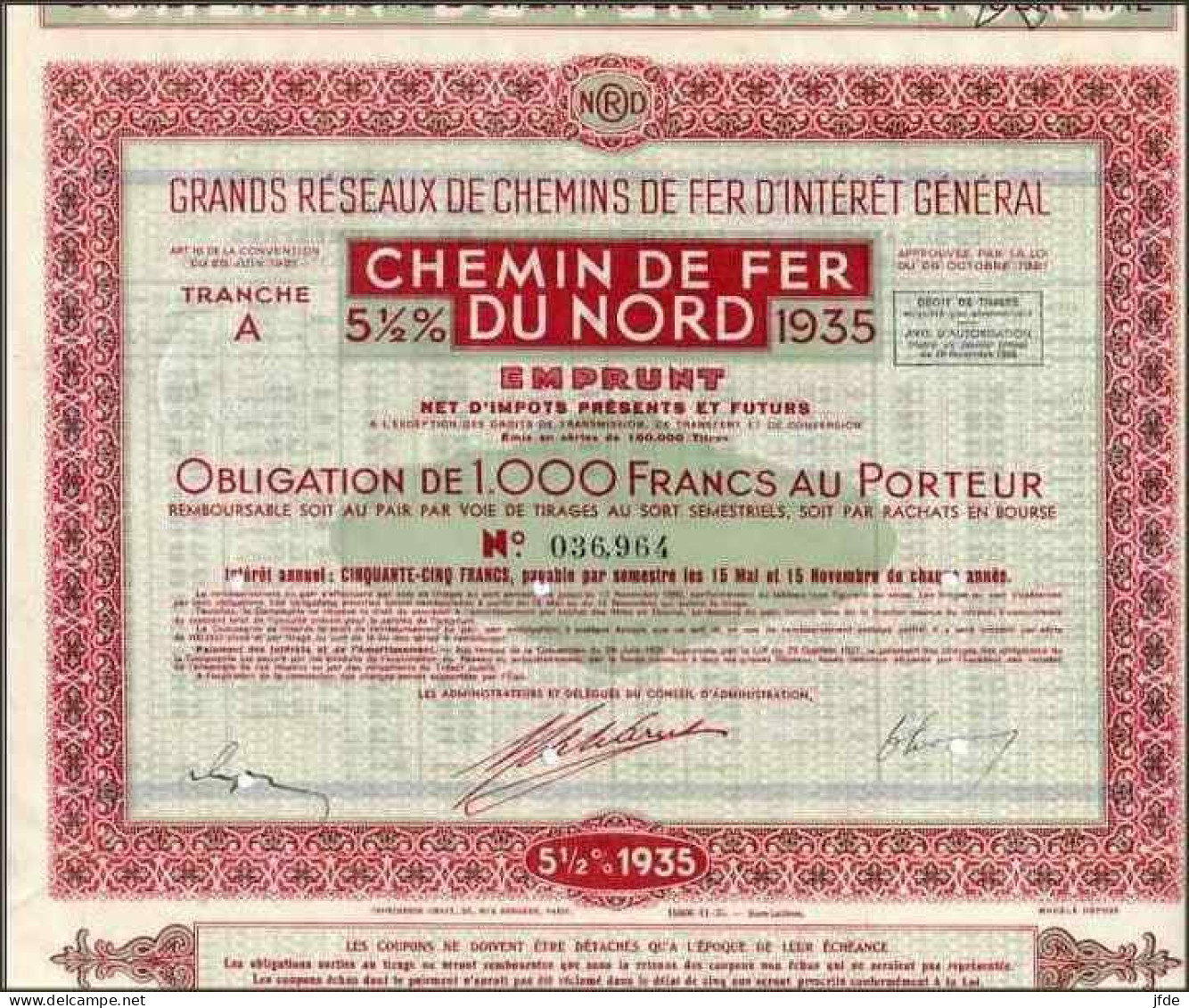 CHEMINS De FER Du NORD  1935 ( Rare Sans Grosses Perfos) - Ferrocarril & Tranvías