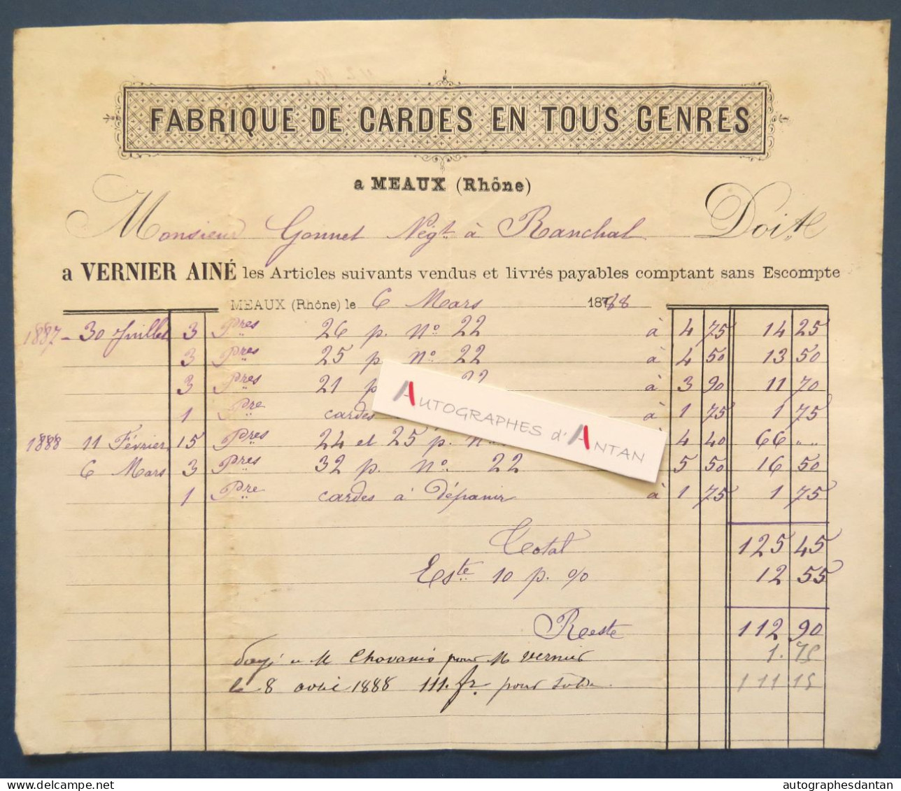 ● MEAUX (la Montagne - Rhône) 1888 - VERNIER Ainé Fabrique De Cardes En Tous Gens - Rare Facture - Gonnet à Ranchal - Old Professions