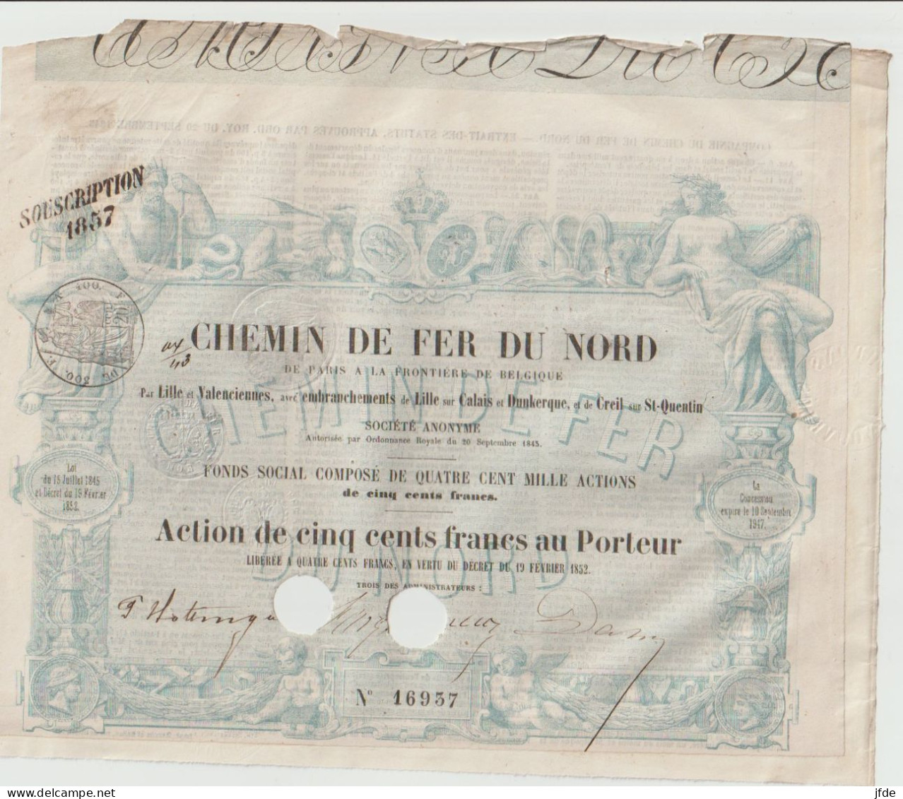 CHEMINS De FER Du NORD  Action 1857 Décorée - Chemin De Fer & Tramway