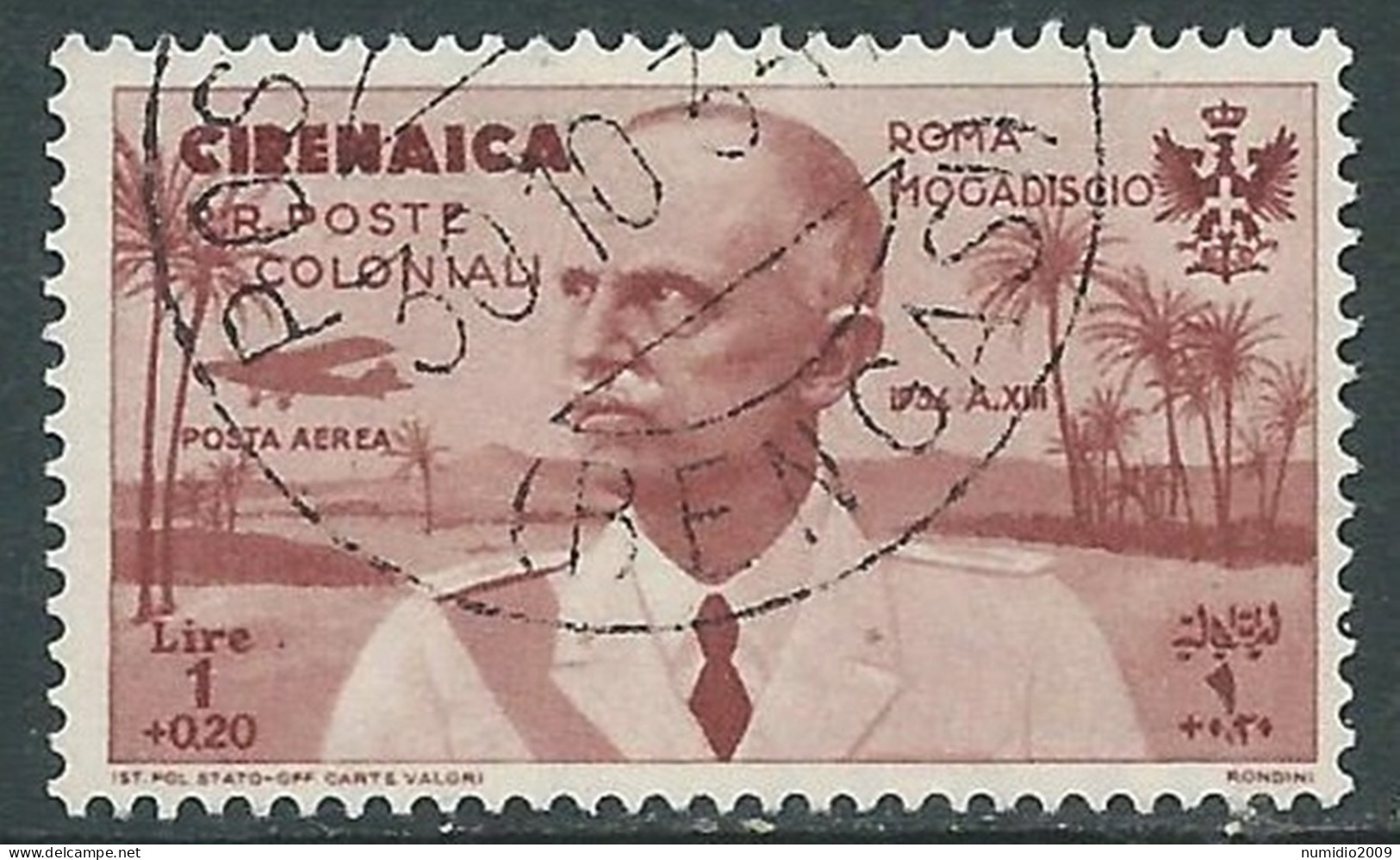 1934 CIRENAICA POSTA AEREA USATO VOLO ROMA MOGADISCIO 1 LIRA - RA12-5 - Cirenaica