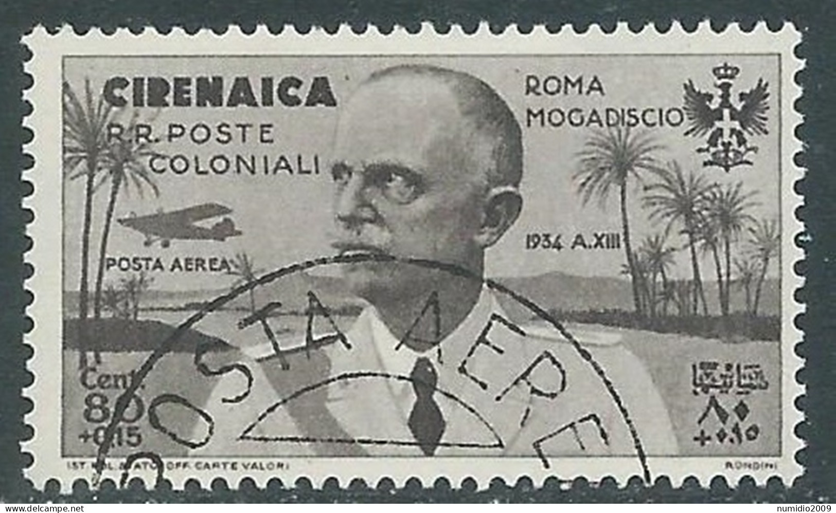 1934 CIRENAICA POSTA AEREA USATO VOLO ROMA MOGADISCIO 80 CENT - RA12-6 - Cirenaica