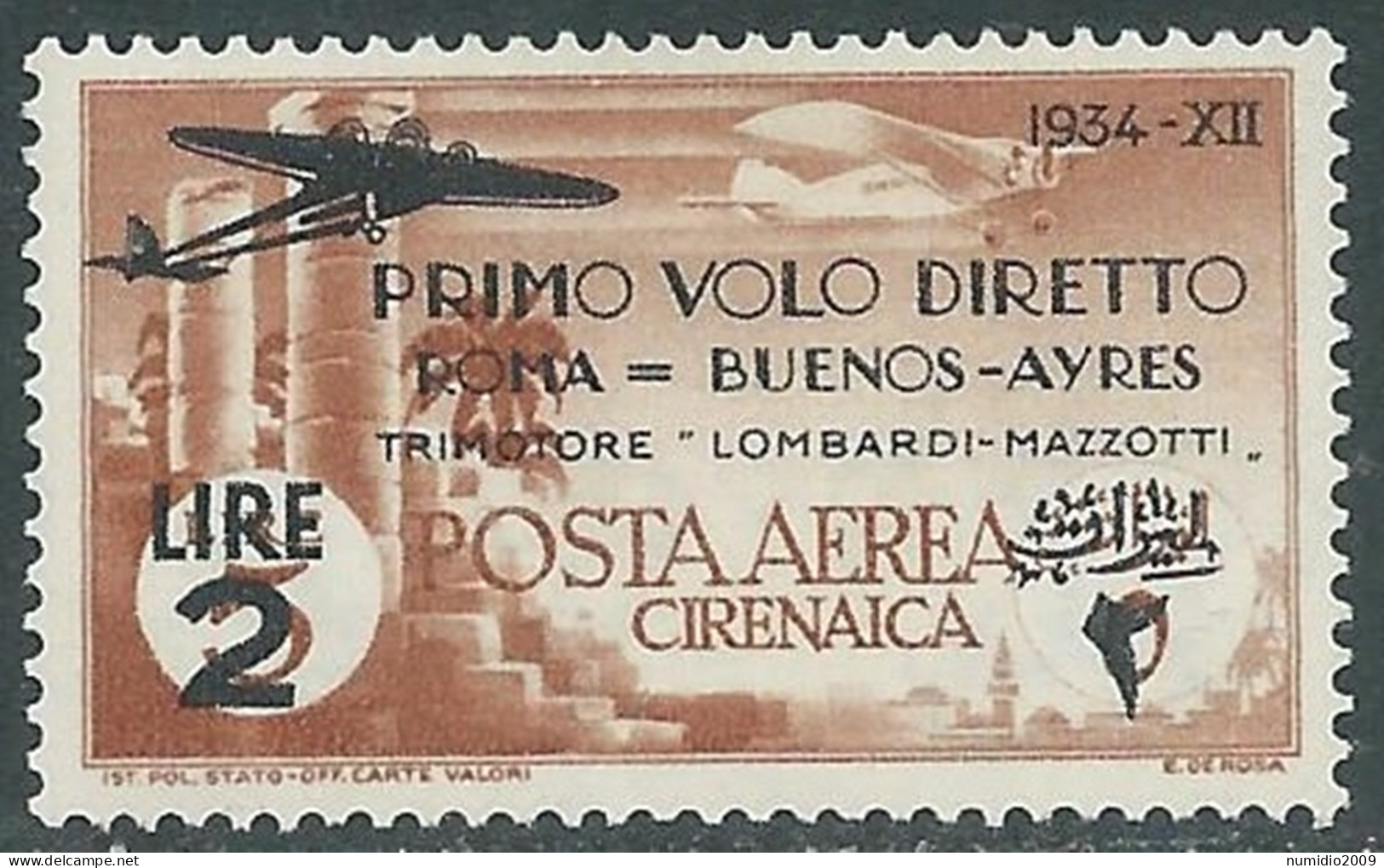 1934 CIRENAICA POSTA AEREA VOLO ROMA BUENOS AYRES 2 LIRE MNH ** - RA29-2 - Cirenaica