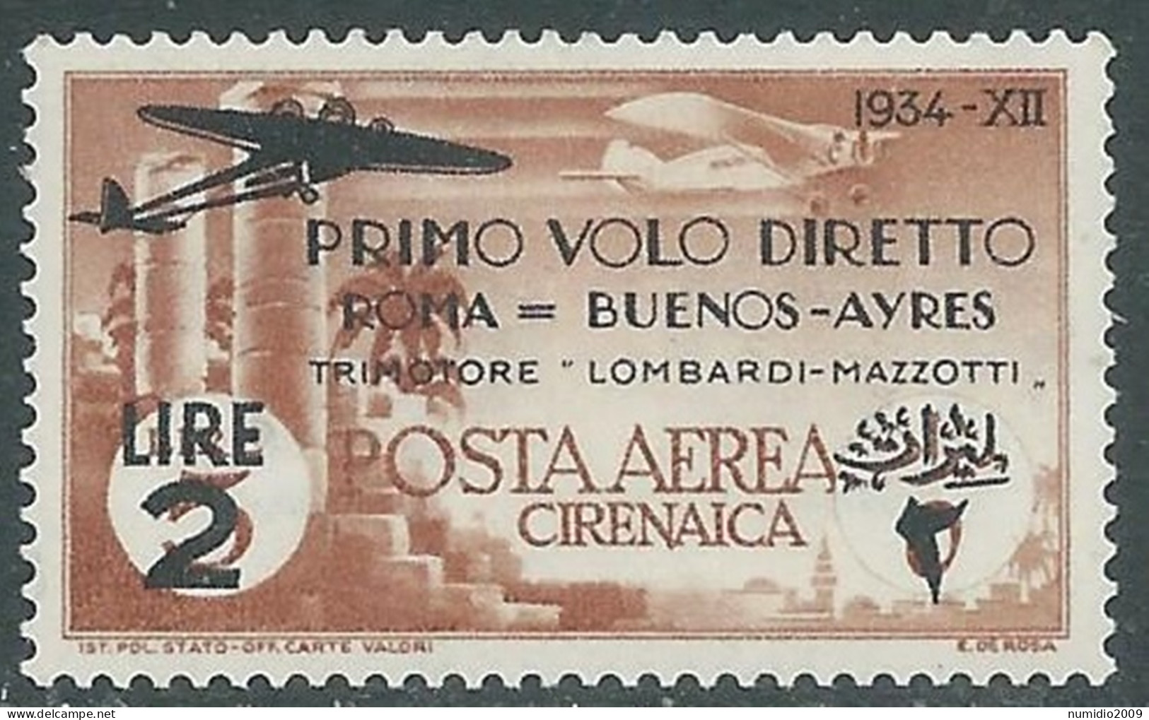 1934 CIRENAICA POSTA AEREA VOLO ROMA BUENOS AYRES 2 LIRE MNH ** - RA29-3 - Cirenaica