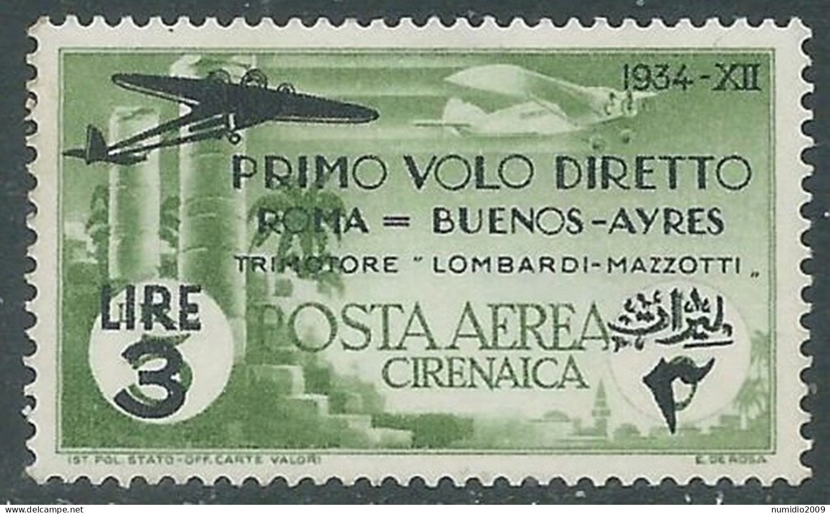 1934 CIRENAICA POSTA AEREA VOLO ROMA BUENOS AYRES 3 LIRE MNH ** - RA29-2 - Cirenaica