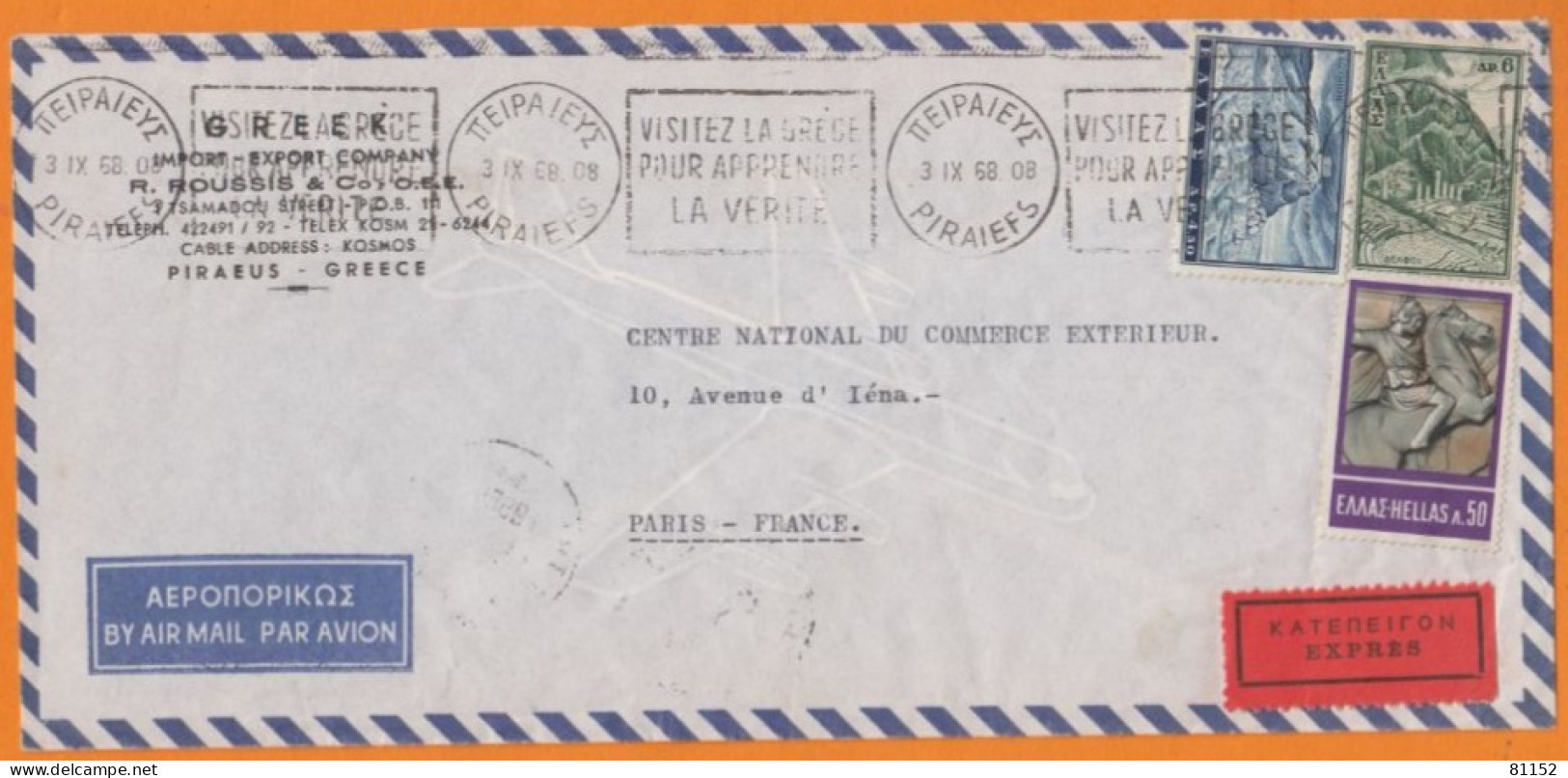 GRECE Lettre  De PIRAEUS Le 3 IX 1968 Affranchie En  " EXPRES "   Avec 3 Timbres PAR AVION  Pour PARIS - Cartas & Documentos