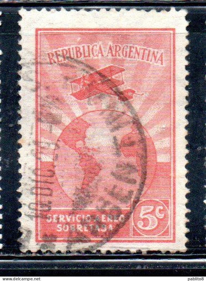 ARGENTINA 1928 AIR POST MAIL CORREO AEREO AIRMAIL AIRPLANE PLANE CIRCLES THE GLOBE 5c USED USADO OBLITERE' - Luchtpost