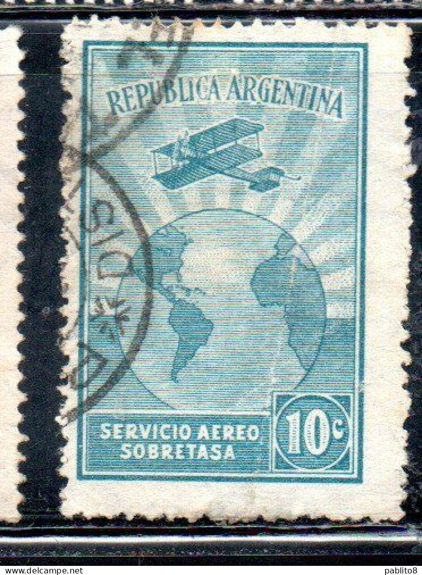 ARGENTINA 1928 AIR POST MAIL CORREO AEREO AIRMAIL AIRPLANE PLANE CIRCLES THE GLOBE 10c USED USADO OBLITERE' - Luftpost