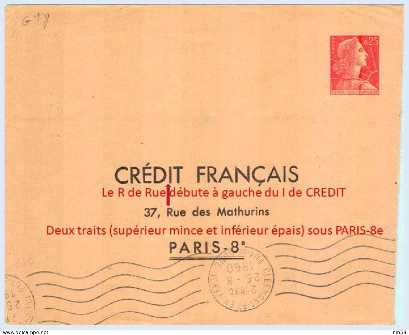 Entier FRANCE - Enveloppe Privée TSC Crédit Français Oblitéré - 0f25 Muller Rouge - Enveloppes Types Et TSC (avant 1995)