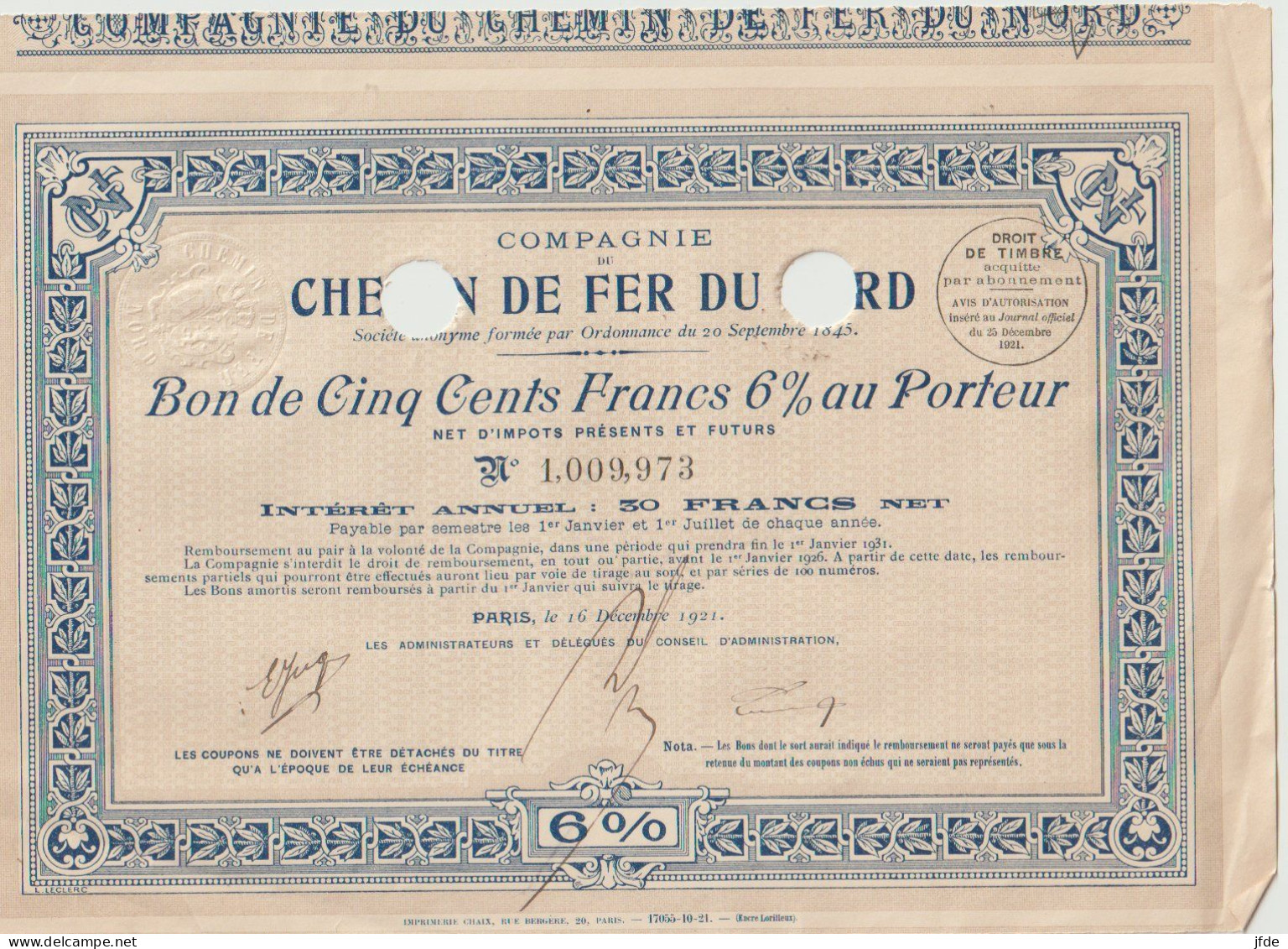 CHEMINS De FER Du NORD  1921 - Chemin De Fer & Tramway