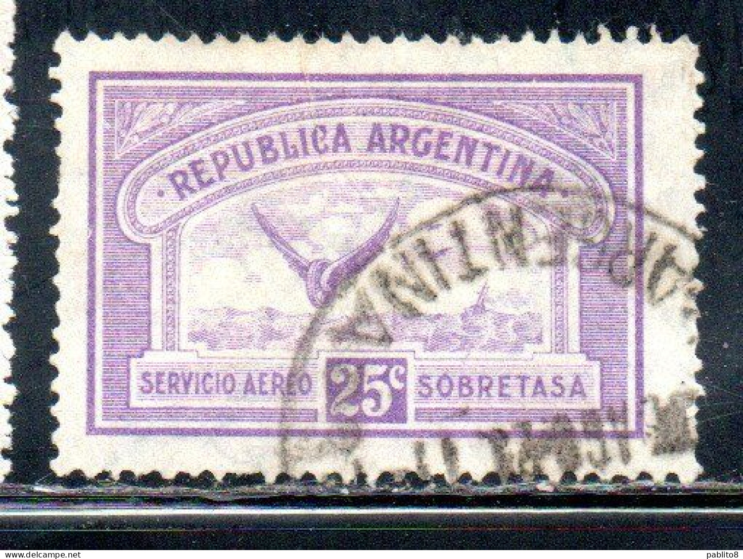ARGENTINA 1928 AIR POST MAIL CORREO AEREO AIRMAIL WING CROSS THE SEA 25c USED USADO OBLITERE' - Posta Aerea