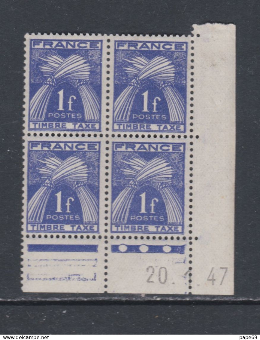 France Timbres-Taxe N° 81 XX : 1 F. Bleu-violet En Bloc De 4 Coin Daté Du  20 . 1 . 47 .  3 Pts Blancs, Ss Cha. Sinon TB - Taxe