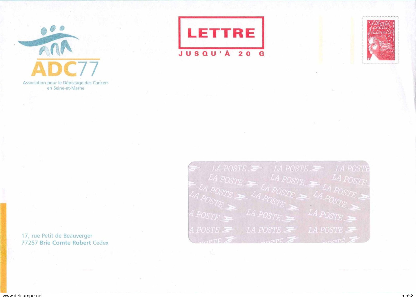 Entier FRANCE - PAP Enveloppe TSC ADC 77 Association Dépistage Cancer Neuf ** - TVP Luquet RF Rouge - Prêts-à-poster: TSC Et Repiquages Semi-officiels
