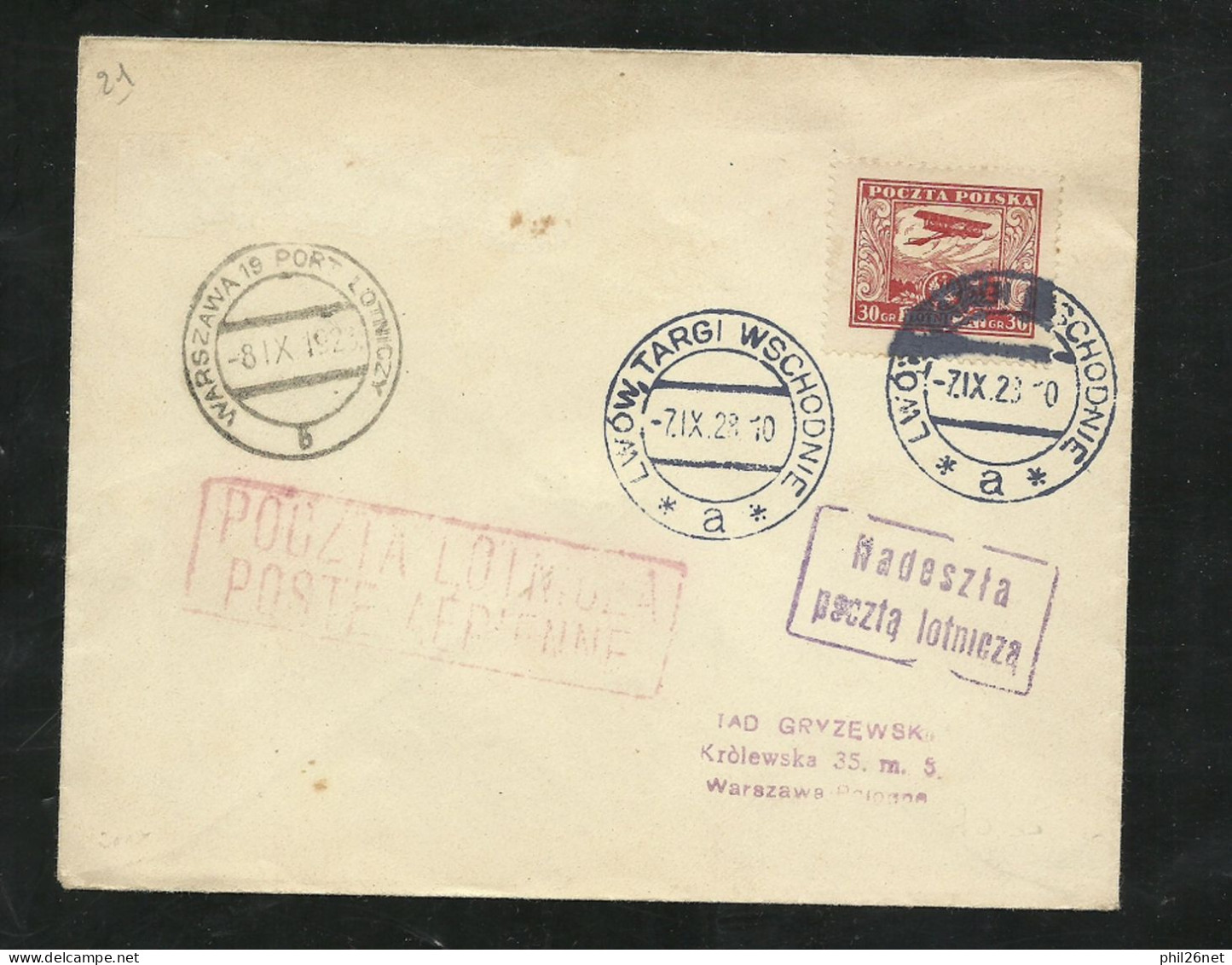 Pologne Lettre Par Avion Premier Jour PA  N°8 Lwow Le 07/09/1928 Pour Varsovie Le 08/09/1928 +flamme Poste Aérienne B/TB - Covers & Documents