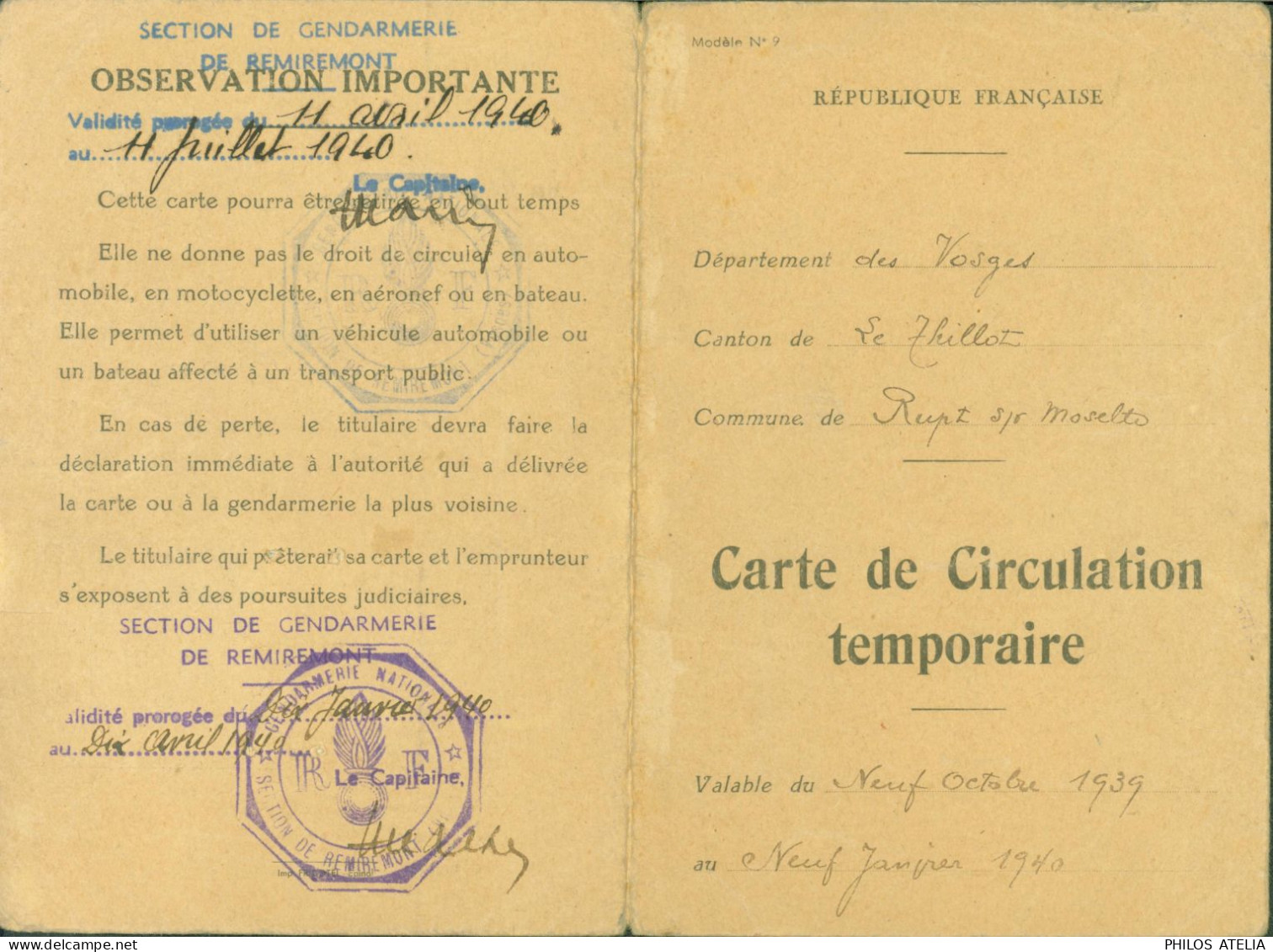 Guerre 40 Carte De Circulation Temporaire Vosges Rupt Sur Moselle Mère & Fils Cachet Gendarmerie Remiremont - WW II